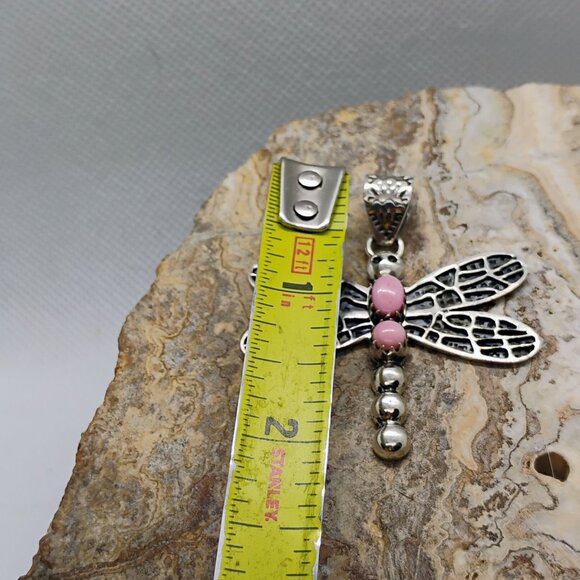 Southwest Sterling Silver Pink Conch Shell Dragonfly Pendant 2" Long - Picture 3 of 7